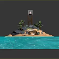Cartoon Scenic Island Scene with Sandy Beach Palm Trees Wooden Pavilion and Turquoise Ocean Water