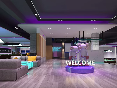Modern Billiard Room Interior With Purple Lighting Welcome Sign And Lounge Sofas 3d model