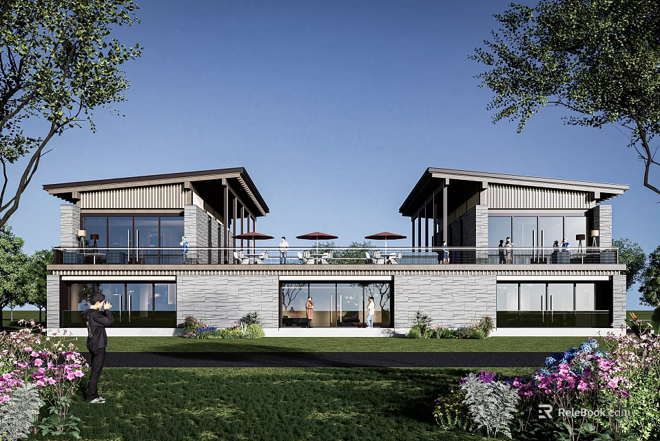 Modern Semi Detached Villa Exterior With Lawn Garden And Large Glass Windows 3d model 