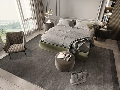 Modern Double Bed Bedroom With Green Frame Gray Bedding And Scenic Window View 3d model