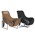 Brown Leather Lounge Chair With Plaid Tassel Scarf Beige Cushion And Metal Frame