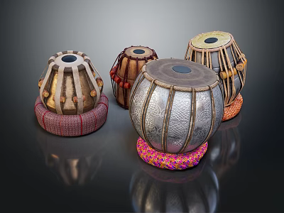 Exquisite Traditional Decorative Musical Instruments With Painted Tabla Drums On Reflective Black Surface 3d model