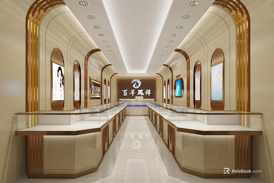 Luxurious Jewelry Store Interior With Glass Display Counters And Warm Ceiling Lighting 3d model 