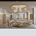Kindergarten Interior With Circular Ceiling White Spherical Pendant Lights Soft Sofa And Round Coffee Table 3d model