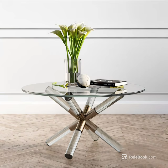 Glass Coffee Table With Crossed Metal Legs White Flower Vase And Books On Wooden Floor 3d model 