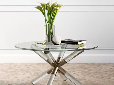 Glass Coffee Table With Crossed Metal Legs White Flower Vase And Books On Wooden Floor 3d model