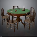 Round Wooden Table With Green Top And Four Wooden Chairs With Wine Bottles And Glasses