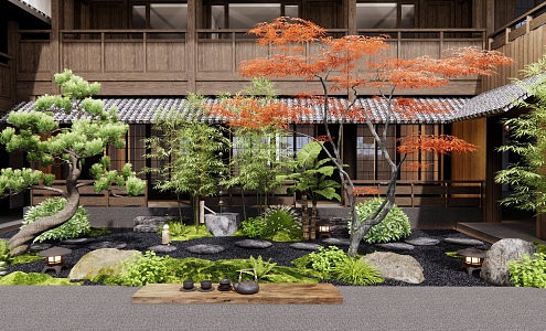 Japanese style courtyard Zen courtyard landscape 3d model