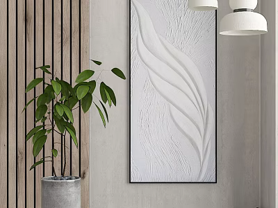 Modern Interior With Wooden Panel Wall White Leaf Relief Painting Green Plant And Pendant Lights 3d model