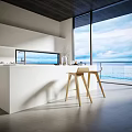 Modern Kitchen Interior With White Island Wooden Stools Large Windows And Sea View