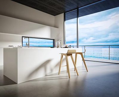 Modern Kitchen Interior With White Island Wooden Stools Large Windows And Sea View 3d model