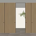 Modern Wooden Sliding Doors With Glass Panel And Green Plant Interior Design