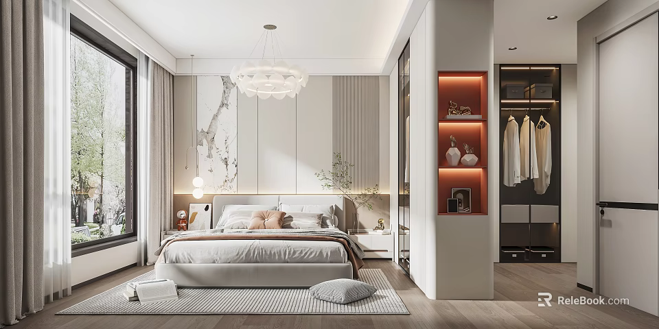Modern Bedroom Interior With Bed Chandelier Decorative Painting Window Wardrobe And Rug 3d model 