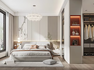 Modern Bedroom Interior With Bed Chandelier Decorative Painting Window Wardrobe And Rug 3d model