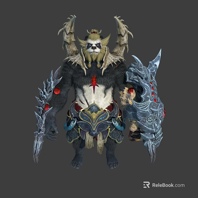 Pandaren Warrior Battle Character Design With Spiked Armor Giant Weapons And Red Chest Emblem 3d model 