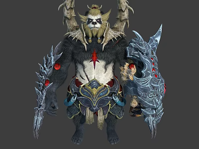 Pandaren Warrior Battle Character Design With Spiked Armor Giant Weapons And Red Chest Emblem 3d model