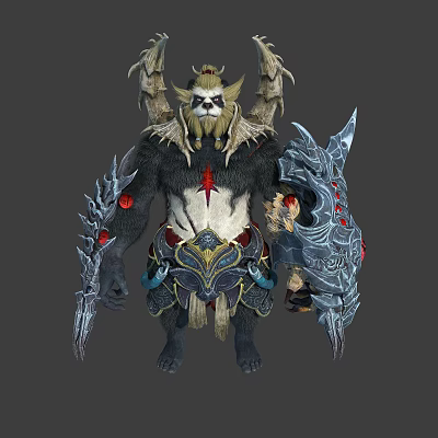 Pandaren Warrior Battle Character Design With Spiked Armor Giant Weapons And Red Chest Emblem 3d model