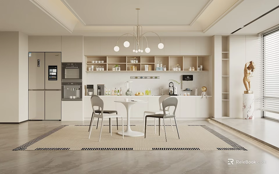 Modern Pantry Interior With White Cabinets Refrigerator Coffee Machine Small Table And Chairs 3d model