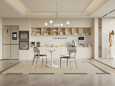 Modern Pantry Interior With White Cabinets Refrigerator Coffee Machine Small Table And Chairs 3d model