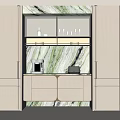 Modern Wine Cabinet With Marble Backdrop And Display Shelves For Wine Glasses