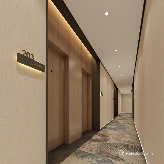Modern Hotel Corridor With Wooden Doors Room Number Signs And Carpeted Floor 3d model 