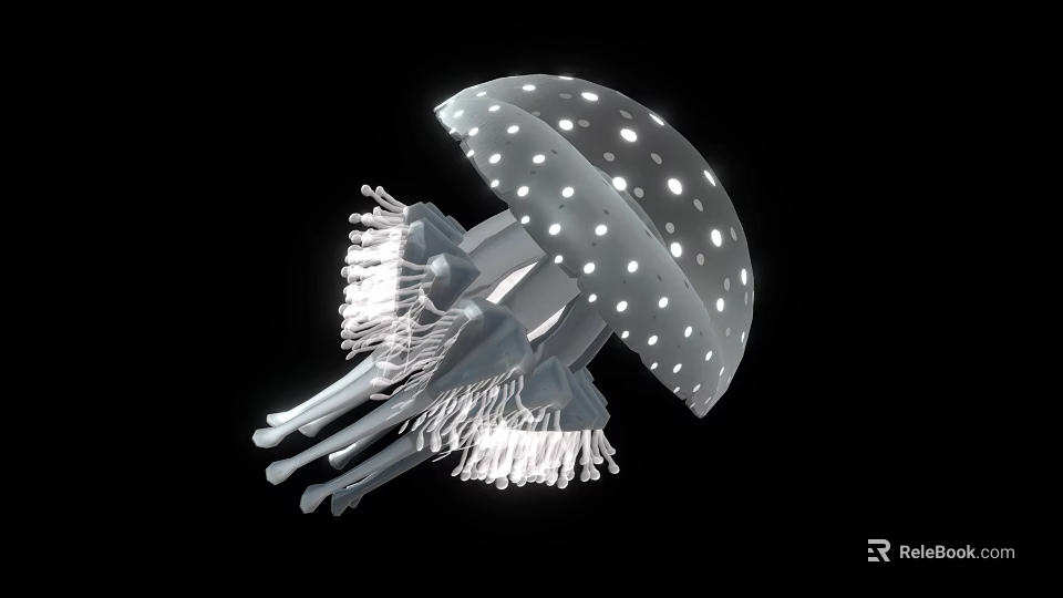 Transparent Jellyfish With White Spots And Long Tentacles On Black Background 3d model 