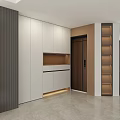 Modern White Sideboard With Black Fridge And Open Storage Shelves In Kitchen Area