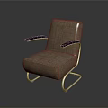 Modern Brown Fabric Accent Chair With Black Armrests And Curved Metal Frame Design