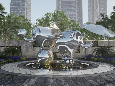 Stainless Steel Elephant Sculpture in Urban Garden with Fountain Balls Palm Trees Against High Buildings 3d model