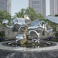 Stainless Steel Elephant Sculpture in Urban Garden with Fountain Balls Palm Trees Against High Buildings