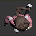 Woman With Cat Ears In Pink Hoodie Shorts Black Thigh High Socks Sneakers Gray Background