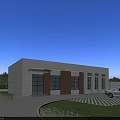 Modern Office Building Exterior With White Brown Facade Large Glass Windows Green Lawn And Trees