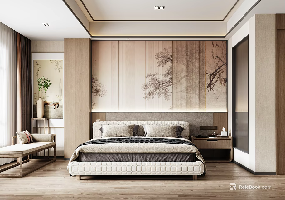 Modern Minimalist Hotel Guest Room With Wooden Panel Wall And King Size Bed 3d model 