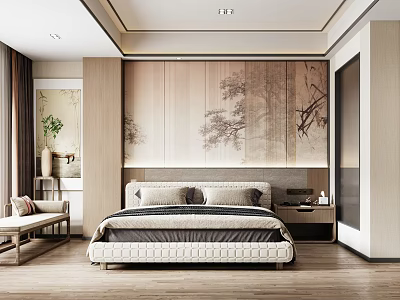 Modern Minimalist Hotel Guest Room With Wooden Panel Wall And King Size Bed 3d model