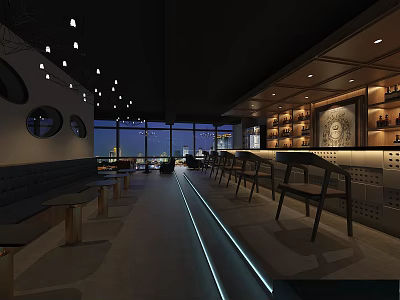Modern Open Bar With Large Windows Night View Bar Counter Bench Seats And Lighting 3d model
