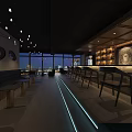 Modern Open Bar With Large Windows Night View Bar Counter Bench Seats And Lighting
