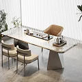 Modern Tea Table With Glass Top And Beige Chairs Near Potted Plants