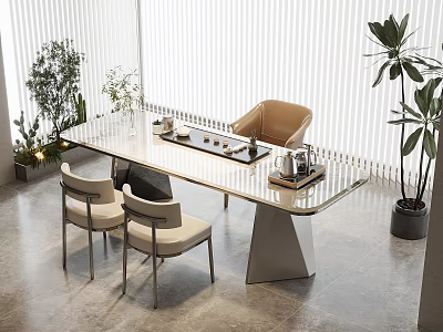 Modern Tea Table With Glass Top And Beige Chairs Near Potted Plants 3d model