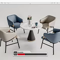 Round Marble Top Table Chair Set With Light Blue Beige Chairs Black Legs Vase Flowers