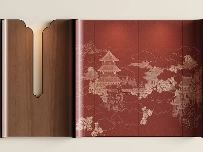 Chinese Style Background Wall With Red Panel And Golden Pagoda Landscape Patterns 3d model