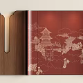 Chinese Style Background Wall With Red Panel And Golden Pagoda Landscape Patterns