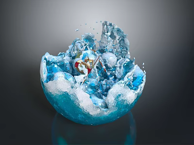 Enchanted Character in Ice Crystal Bowl with Splashing Water Chunks and Red Gold Attire 3d model