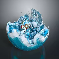 Enchanted Character in Ice Crystal Bowl with Splashing Water Chunks and Red Gold Attire