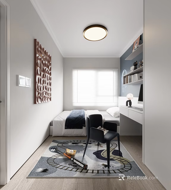 Modern Tatami Bedroom Interior With Cozy Bed Window Desk Bookshelf And Decorative Rug 3d model 