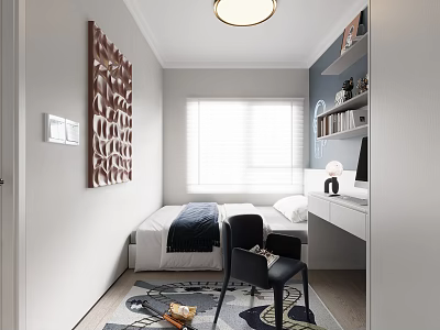 Modern Tatami Bedroom Interior With Cozy Bed Window Desk Bookshelf And Decorative Rug 3d model