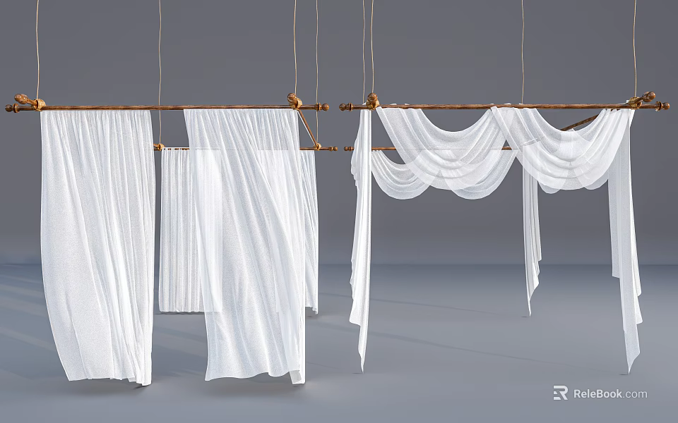 White Curtains Hanging On Wooden Rods With Various Draping Styles In Modern Space 3d model 