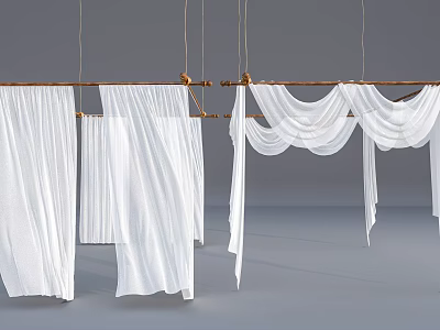 White Curtains Hanging On Wooden Rods With Various Draping Styles In Modern Space 3d model