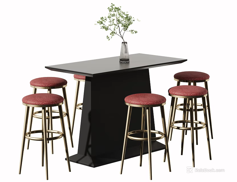 Modern Black Bar Counter With Golden Legs Red Stools And Plant Vase 3d model 