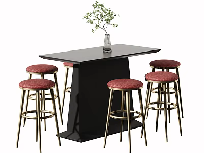 Modern Black Bar Counter With Golden Legs Red Stools And Plant Vase 3d model