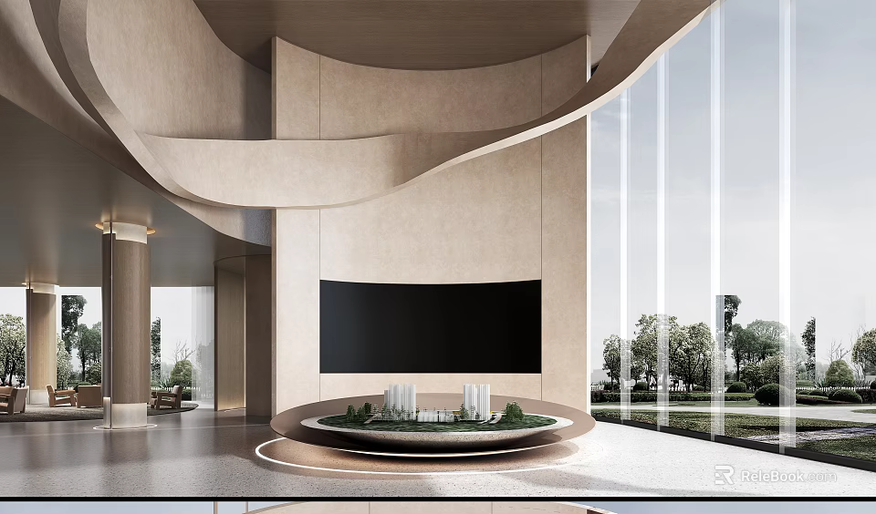 Modern Sales Office Interior Design Featuring Building Model And Large Windows 3d model 